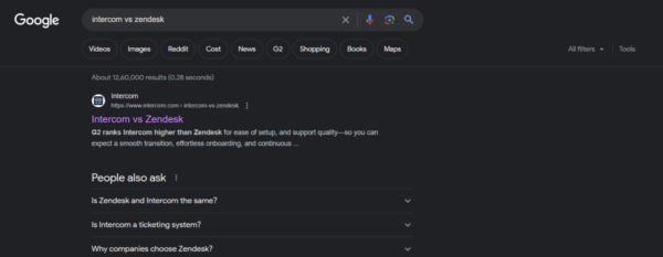 Intercom vs Zendesk Google search example